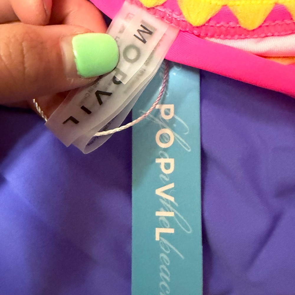 NWT Popvil 3 Piece High Waisted Bikini Set Neon Purple Pink Yellow Skirt Large - Picture 6 of 6
